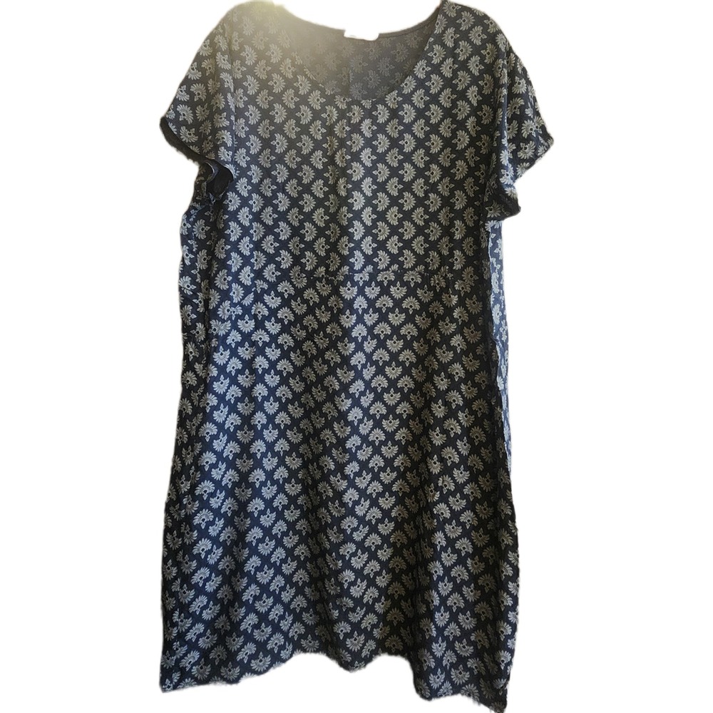 Made in Italy Navy Blue White Floral Medallion Shift Dress Short Sleeve L
